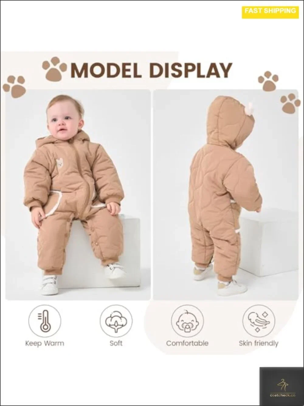 Baby Bear Snowsuit Hooded Winter Coat Cotton Lined Zipper Snap Closure